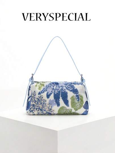1 pieza Bolso de hombro/axilar de lino con patrón de flor de hoja de lentejuelas y malla de colores, estilo casual de alta calidad para vacaciones, adecuado para combinar con vestidos largos y atuendos de playa (se envía aleatoriamente el patrón de flores)