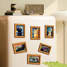 1/6pcs Interesting Cat Painting Fridge Magnets, Creative 3D Mini Photo Frame Fridge Stickers, Decor For Kitchen, Office, Home, Gift For Cat Lovers - Fun Cats - View 6
