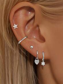 5件套可爱镀金立方氧化锆心形星星吊坠耳环，女士耳钉，时尚首饰 - 5件/套 - 查看 2
