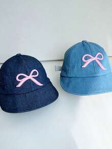 1pc Girls' Blue Embroidered Bow Baseball Cap, Ponytail Hole, Breathable UV Protection, Adjustable Children Sun Hat - 1PC - View 12