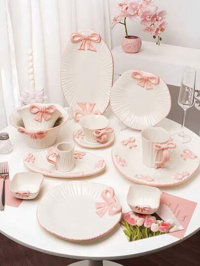 1 Set Vertical Striped 3D Bow Ceramic Tableware Set, Including Cup & Saucer, Bowl, Plate, French Retro Bow Latte Art Cup & Saucer, Fruit Yogurt Oatmeal Dessert Bowl, Cake Plate, High-End Reusable Dinnerware Set Suitable For Restaurant, Living Room, Dessert Shop, Hotel, Gift