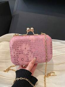 Bolso de mano con estampado floral, elegante bolso de mano con forma de caja rígida y correa de cadena, adecuado para fiestas de noche y regalos para mujeres - Rosa - Ver 12