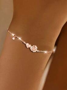 1pc S925 Sterling Silver Heart Rose Flower Bracelet For Women, Romantic Luxury Jewelry Gift, Versatile Elegant French Countryside Style Wrist Chain - Love - View 2