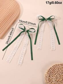 2个装女士时尚优雅绿白蕾丝蝴蝶结珍珠双层蝴蝶发夹，适合春夏日常佩戴 - 彩色 - 查看 6