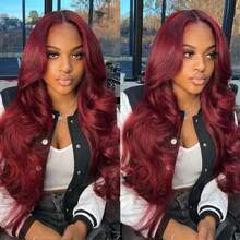30 Inch #99J Burgundy 13x4 Body Wave Lace Front Wigs Human Blended Hair Pre Plucked 200% Density Thick Real Virgin Human Frontal Hair Wig Invisilbe Hairline Tiny Knots HD Lace Frontal Wigs 3X Longer Lifespan - SBUG/99J - View 7