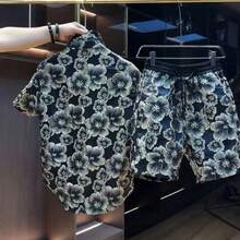 Embossed Gold Flower Short Sleeved Shirt Shorts Two-Piece Set For Men's Summer Cool And Loose Fitting Shirt Set - 黑色 - 查看 2