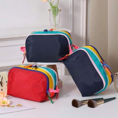 1pc Summer Dopamine Color Block Cosmetic Bag, Large Capacity Portable Toiletry Organizer, High Saturation Color Blocking | Multi-Compartment Storage | Portable Handle | Zipper Closure | Lightweight & Durable, Suitable For Commuting / Vacation / Picnic, Convenient Side Handle For Easy Carrying