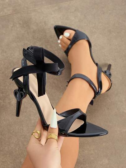 Women's Elegant Swallow-Tailed Unique 3D Bow Decor Charm Waist Cinched Mule High-End Soft Mirror-Like High Heel Sandals, Fashionable Pointed Toe Heart-Shaped Stilettos For Night Party, Banquet, Wedding, Campus, Outdoor, Travel, Valentine's Day, Mother's Day, Christmas, New Year, Teacher's Day, Thanksgiving