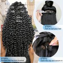 深水波纹夹式接发片，真人发，女士适用 - 8片装，18个夹子，双层巴西雷米真人发水波纹夹式接发片 - Natural Black - 查看 5