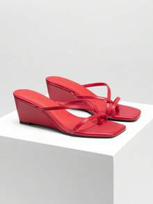 Women Square Toe Wedge Sandals Strappy Slip On Slides Flip Flop Heels Summer Casual - Red - View 3
