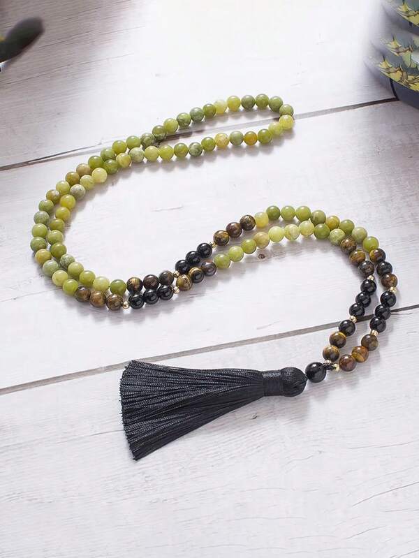 Dây chuyền tua rua kiểu Bohemia, hạt đá mắt hổ và mã não đen 8mm, chuỗi hạt cầu nguyện Mala 108 hạt, trang sức thiền định yoga, Japamala dành cho nam và nữ.
