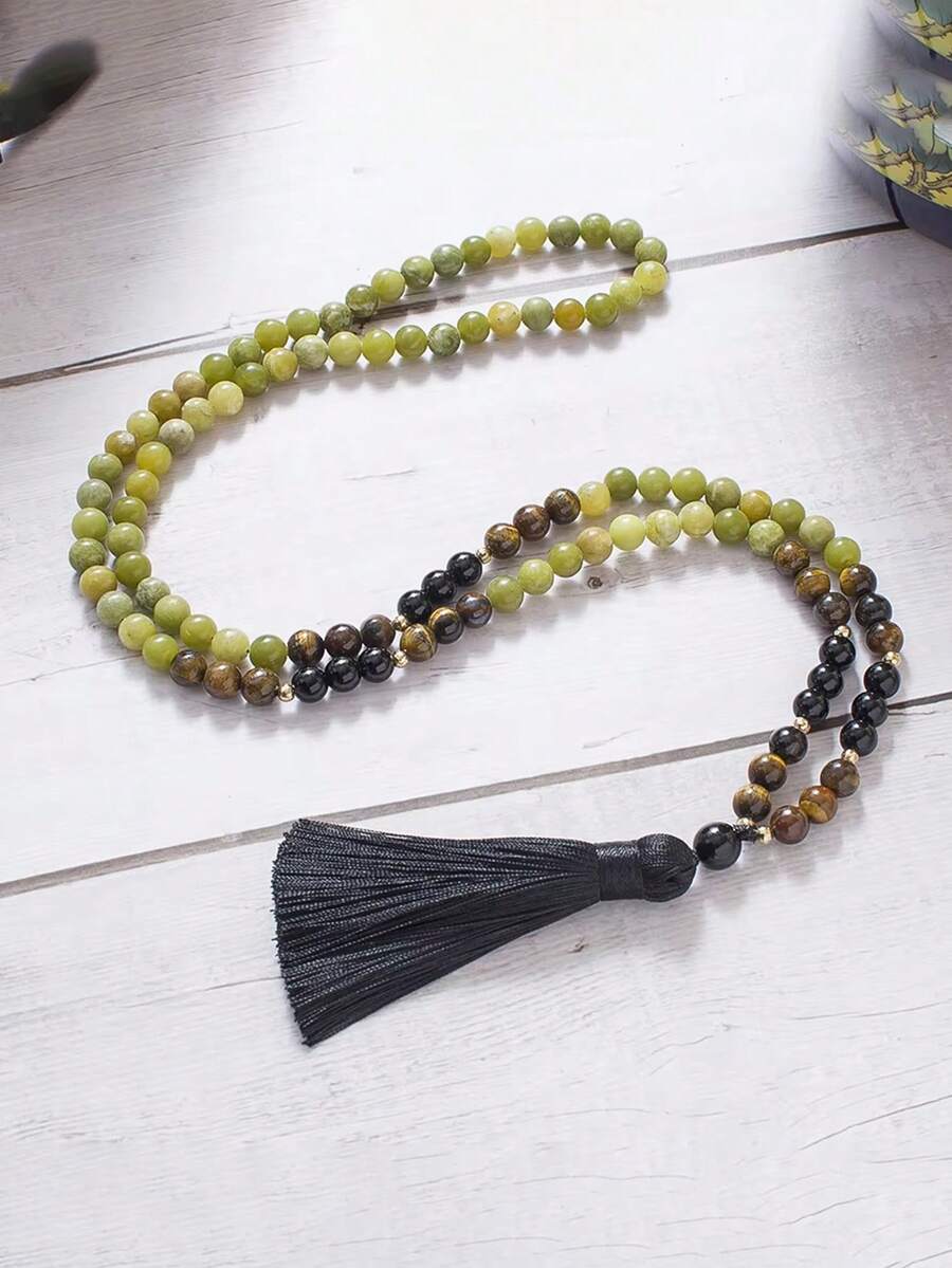 Dây chuyền tua rua kiểu Bohemia, hạt đá mắt hổ và mã não đen 8mm, chuỗi hạt cầu nguyện Mala 108 hạt, trang sức thiền định yoga, Japamala dành cho nam và nữ. - Nhiều màu - Xem 1