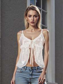 Women's Summer Sequin Front Tie Ruffled Trim Tank Tops  Soft Cami For Party  Date - 白色 - 查看 1