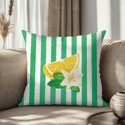 1pc White & Green Striped Floral Lemon Slice Pattern Cushion Cover, Soft Peach Velvet Fabric, Single-Sided Printing 45*45CM, Suitable For Living Room, Bedroom, Sofa, Home Decor, Holiday Gift, No Pillow Insert