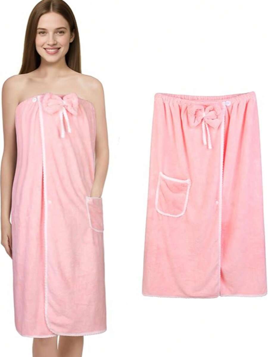 1件装浴袍，女士浴袍，可调节扣合，含干发毛巾和SPA浴巾 - 粉色 - 查看 1