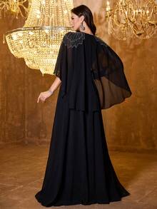 SUPGIR Women's Round-Neck Cape Sleeve Handmade Bright Diamond Ruched Chiffon Evening Drees - Black - View 2