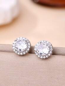 1 Pair Fashionable Minimalist Cubic Zirconia Earrings For Women, Gold/Silver Plated, Music Festival Gift, Women's Jewelry. Ramadan Distribution, Ramadan Dishes, Eid Al-Fitr Gift, Eid Al-Fitr Giveaway - LL Round Stud Earrings - View 7