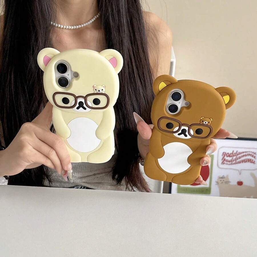 Cute Silicon Glasses Rilakkuma Bear Case For 16 15 14 ProMax 13 12 11 Pro X XS Max XR 6 7 8 Plus SE 3D Cartoon Soft Cover 3.12 Spring Gift - Beige - View 1