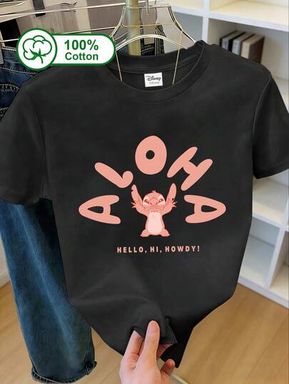 Disney Women's Daily Short Sleeve T-Shirt, Pink Stitching And Pink Letter Print, 100% Cotton, Suitable For Outdoor Wear, Summer Wear, And Women's Graphic Print