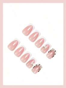 24pcs Rectangle Press-On Nails, White French Manicure With Rhinestone Decor, Elegant Full Coverage, Suitable For Women & Girls Summer Nails, Daily Wear, Nail Art Supplies - trắng - Xem 8