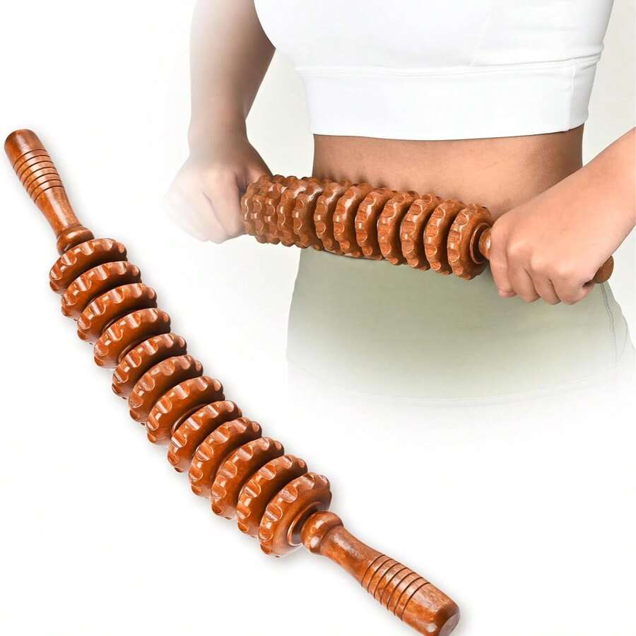 Gậy massage gỗ 12 con lăn, dụng cụ massage toàn thân, xoay 360° massage sâu, gỗ sồi tự nhiên và tay cầm chống trượt, con lăn bằng thép không gỉ bền bỉ, con lăn răng cưa ôm sát đường cong cơ thể. - Nhiều màu - Xem 1