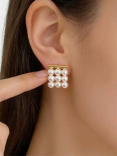 1对时尚可爱金属几何方形仿珍珠耳钉，优雅浪漫派对婚礼首饰配饰，女士