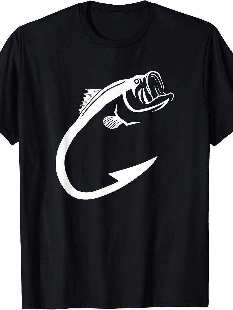 Men'S Cotton T-Shirt |   Black With White Fishhook Geometric Print |   Round Neck, Short Sleeve |   Breathable & Comfortable |   Machine Washable |   Ideal For Fishing Enthusiasts & Art Lovers |   All-Season Casual Wear, Fishing Shirt - 黑色 - 查看 1