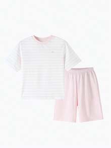 Annil Children's Striped Color-Blocked Knitted Short-Sleeved Trousers Set For Boys And Girls, Suitable For Both Home And Outdoor Wear, New Summer Style. - Porcelain Powder - View 1