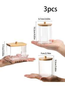 3pcs Cotton Swab Storage Box, Ball Pad Dispenser, Clear Acrylic Holder With Bamboo Lid, Bathroom Cosmetic Organizer Set - Multicolor - View 16