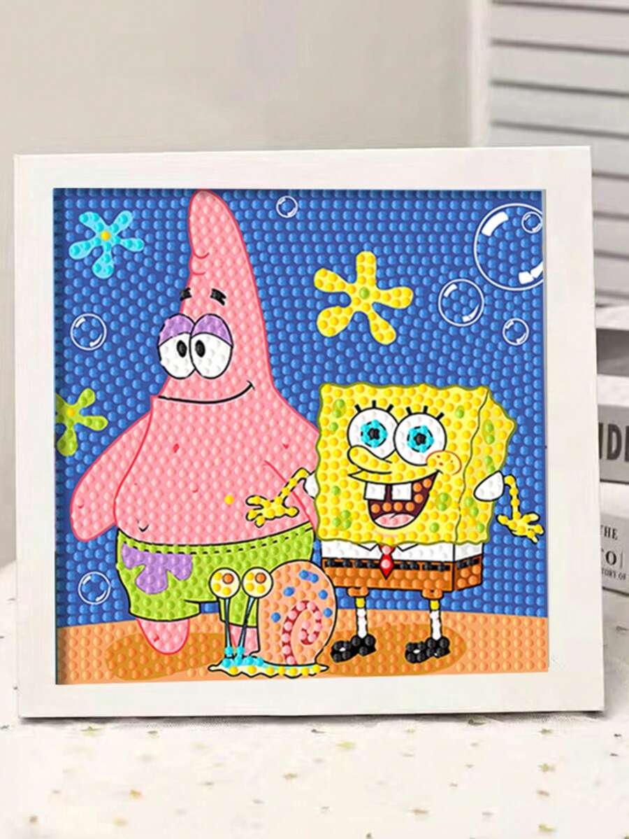 SpongeBob SquarePants Tranh đính đá toàn bộ bề mặt, có khung, tự làm, đính đá lấp lánh, tranh thủ công đóng khung ảnh, quà tặng sáng tạo, tranh giáo dục. - đồ trang trí - Xem 1