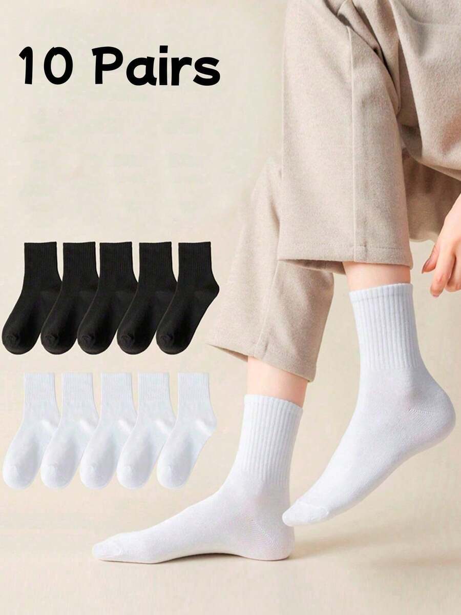 10 Pairs Kids & Youth Solid Color Crew Socks, Absorbent Sports Socks Suitable For School Outfit - Multicolor - View 1
