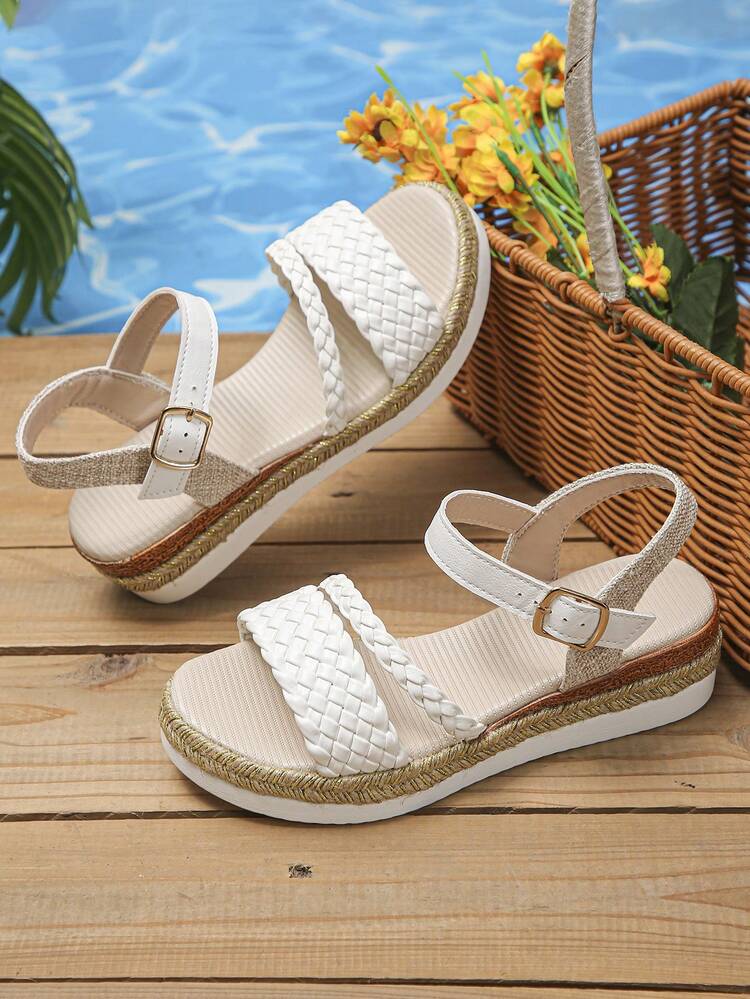 1 Pair Summer Girls Woven Platform Sandals With Buckle, Non-Slip Lightweight Casual Open Toe Comfortable Thick Sole Shoes, Suitable For Daily Wear And School - White - View 9
