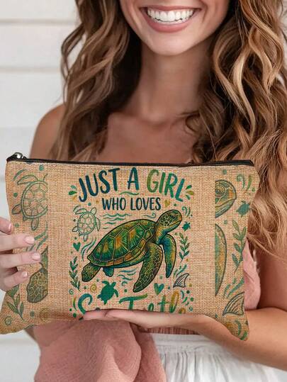 1pc "Just A Girl Who Loves Turtles" Printed Makeup Bag, Modern Style Polyester Lightweight Travel Organizer