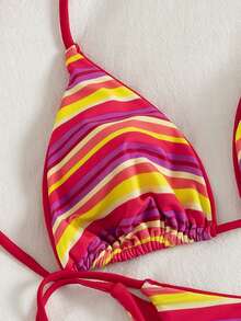 2023 Summer Vacation Beach Leopard Print Sexy Halter Tie Bikini Set - Red Stripes - View 4