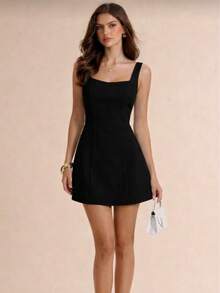 Beira Fashion Women's Short Dress With Square Neckline And Wide Straps, Elegant Casual A-Line Style - 黑色 - 查看 7