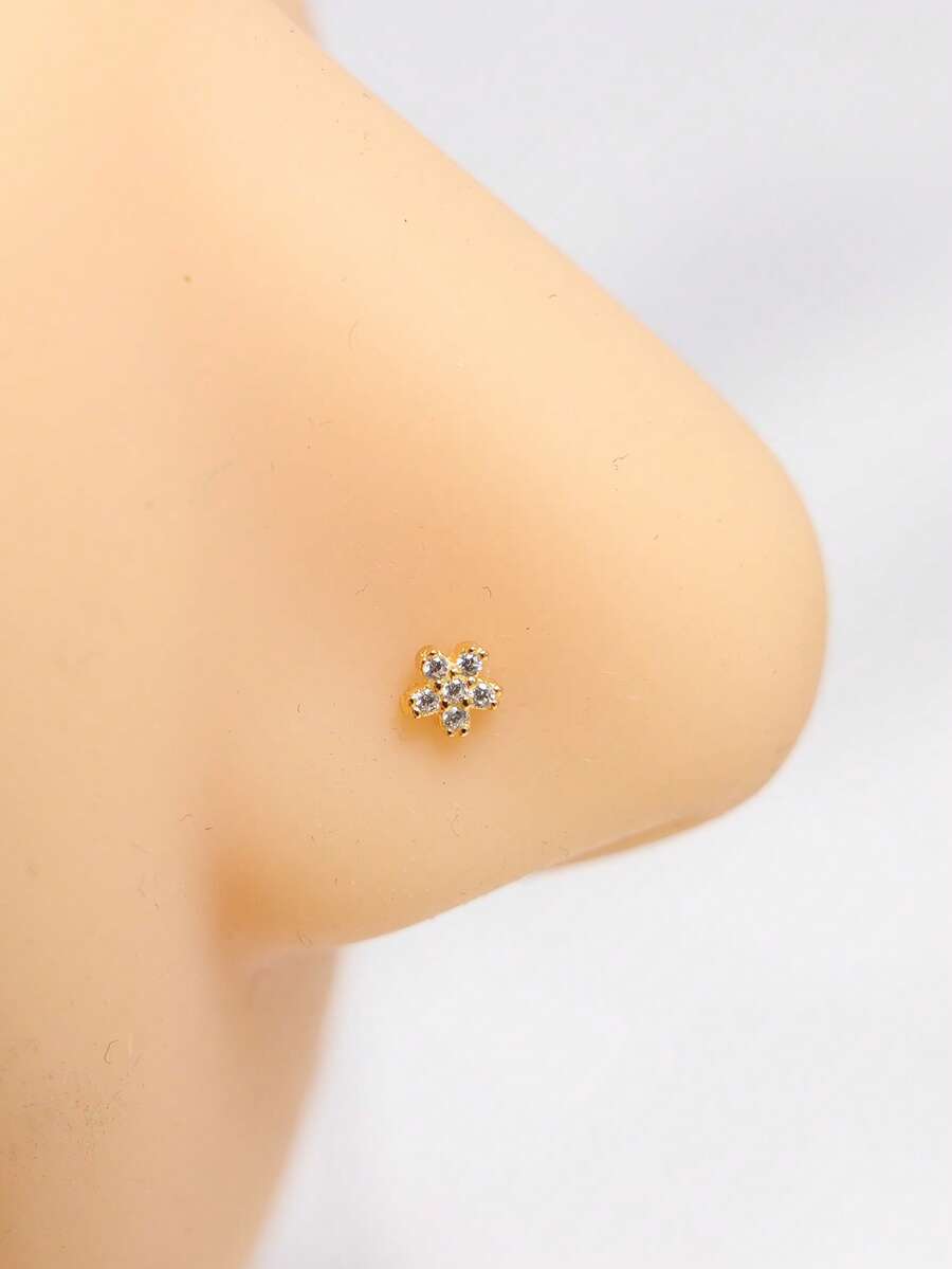 1pc 925 Sterling Silver Flower Shape CZ Nose Stud Piercing Jwelry - Gold - View 1