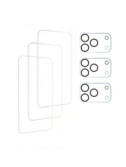 适用于 17 Pro/17 Air/17 Pro Max/16/14/15/13/12/11 的屏幕保护膜，3 片钢化玻璃材质，[9H+ 硬度] [军规级防摔] [触控灵敏] [易于安装] [高清透明]，高清透明（3 片钢化膜和 3 片黄色背景镜头膜）