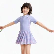 Annil [Skirt-Style One-Piece Swimsuit] Girls' Summer Mermaid Beach High-Elasticity Water-Repellent Professional Training Swimsuit Set - Purple Flower - View 8