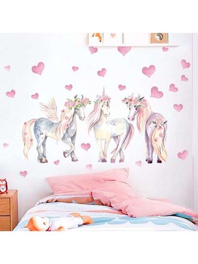 粉色爱心独角兽墙贴，少女梦幻主题，PVC材质，趣味壁画，自粘式，适用于儿童房、卧室、家庭民宿、梦幻主题房、早教中心、艺术角、儿童书店、照片墙等场景