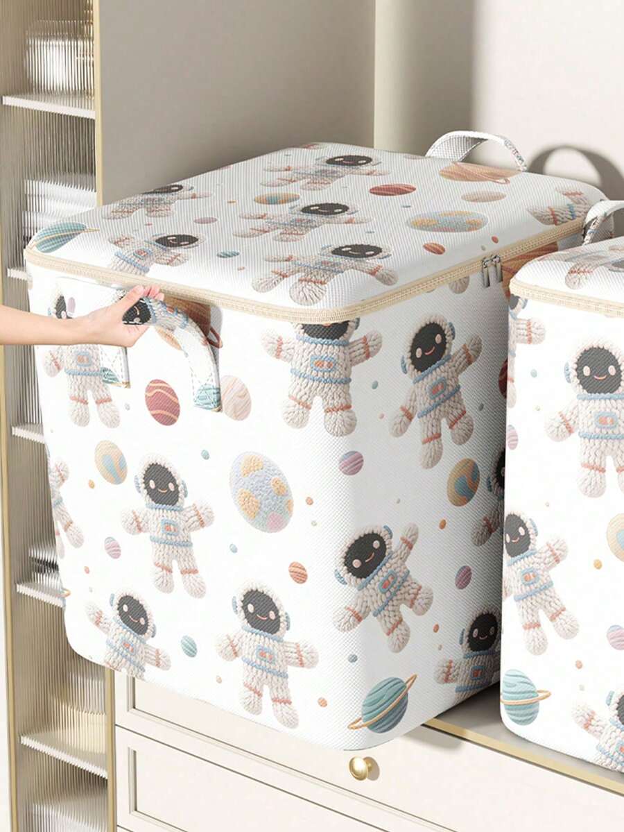 1pc Cute Astronaut Print Large Capacity Foldable Waterproof Garment Storage Bag, With Reinforced Handle, Can Hold 4 Comforters/50 Sweaters, Space-Saving Storage Box - White - View 1