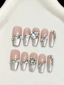 10PCS Long Coffin Handmade Press On Nails For Party And Daily Wear, Silver Nails, Cat's Eye,Shiny And Dazzling, Easy To Wear10pcs Y2K Handmade Press On Nails,Shining Bright , Nails,Suitable For Girls And Women Festivals Parties And Daily Wear.Suitable For Spring And Summer - Silver - View 10
