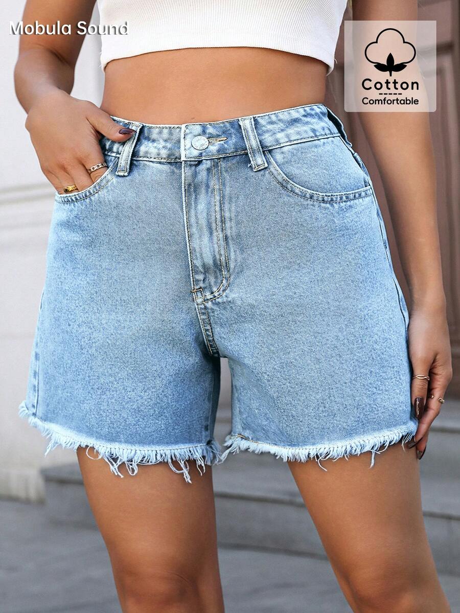 Plus Size Women's Spring/Summer Casual Fashion Denim All-Match Everyday Wear Frayed Hem Straight Leg Denim Shorts - Medium Blue - View 1