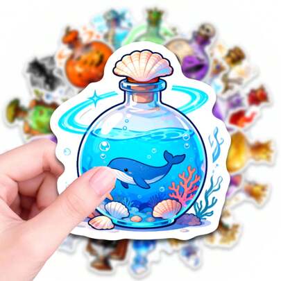50张魔法药水瓶贴纸，异想天开的葡萄彩虹美学乙烯基贴纸，适用于水瓶、笔记本电脑、日记本、滑板、手机壳、DIY手工、剪贴簿、计划本装饰，防水贴纸，适合青少年、成人、学生、上班族，送给女巫和奇幻爱好者的趣味礼物，Kindle剪贴簿用品，笔记本电脑贴纸