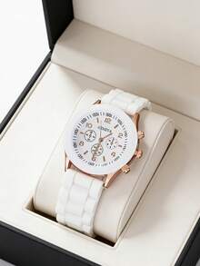 2pcs Simple Casual Women's Quartz Watches, Fresh And Sweet Style Women's Quartz Watch Set, Including A White Silicone Strap Watch With A White Dial And Rose Gold Numeral Markings; White Heart Rose Gold Chain Women's Bracelet, Featuring A Fresh White Peach Color Scheme With A Romantic Heart Element. - White - View 7