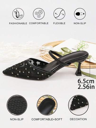 Zapatos de tacón alto elegantes de mujer con tela de unicolor y bordado, tacones de aguja, sandalias ligeras y transpirables de slip-on con decoración de crisantemo, versátiles y cómodos, adecuados para vacaciones, bodas, fiestas, uso al aire libre en primavera/verano