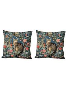 Bộ 1/2/4 vỏ gối nhung họa tiết mèo và thực vật - Vỏ gối trang trí có khóa kéo họa tiết hoa hiện đại, một mặt, thích hợp cho ghế sofa/giường (Có thể giặt máy, phù hợp cho phòng khách, văn phòng) - Màu xanh lam - Xem 10