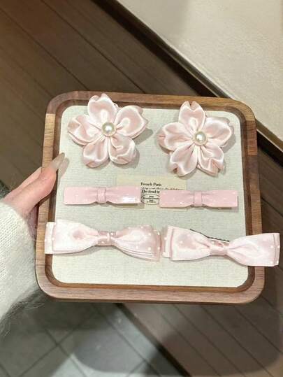 Set de 6 pinzas para el cabello con moño rosa, decoradas con perlas y lunares, adecuadas para uso diario o en ocasiones especiales