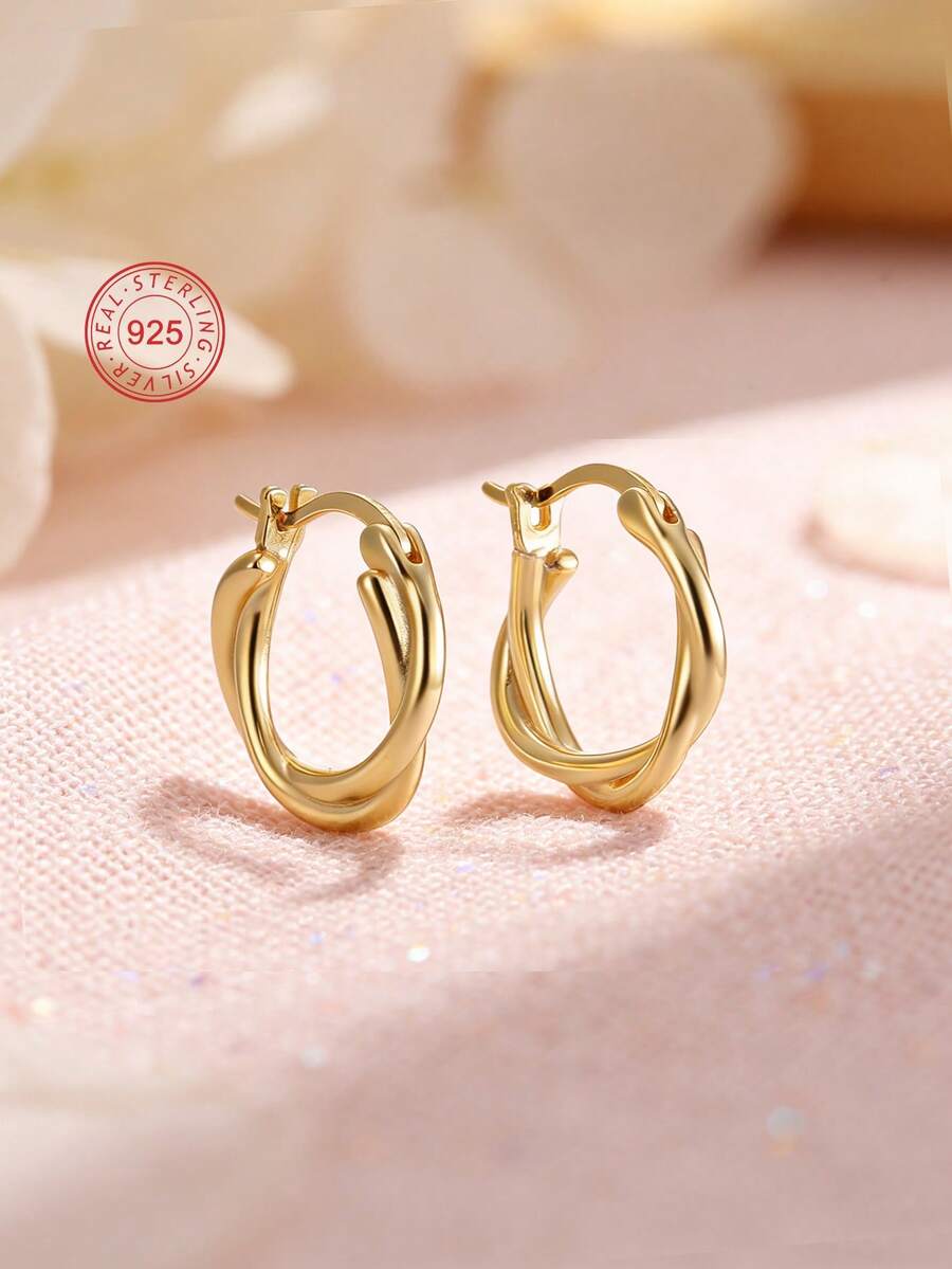 Artepollo 1 Pair 925 Sterling Silver Hypoallergenic Criss-Cross Hoop Earrings, Minimalist & Fashionable, Gift Box Packaging, Birthday Gift For Friends - Gold - View 1