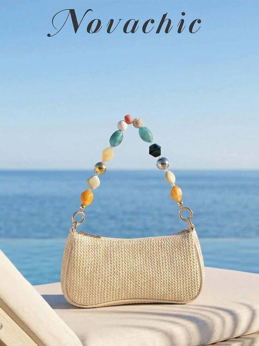 Novachic, Design Simples de Palha, Decoração Acrílica, Estilo de Verão, Praia, Bolsa de Ombro com Zíper para Mulheres, Bolsa de Axilas, Bolsa Hobo, Adequada para Uso Diário, Férias, Etc. (O Pingente de Concha Natural Pode Ter Danos Ocasionais Durante o Envio) - Bege - Visão 1