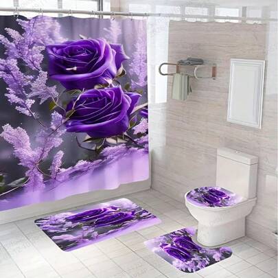 1/4 件套薰衣草玫瑰印花浴室套装，包含浴帘、浴室窗帘、带挂钩的防水浴室套装、防滑浴垫、马桶盖套和 U 型地毯，适用于浴室装饰和家居装饰。